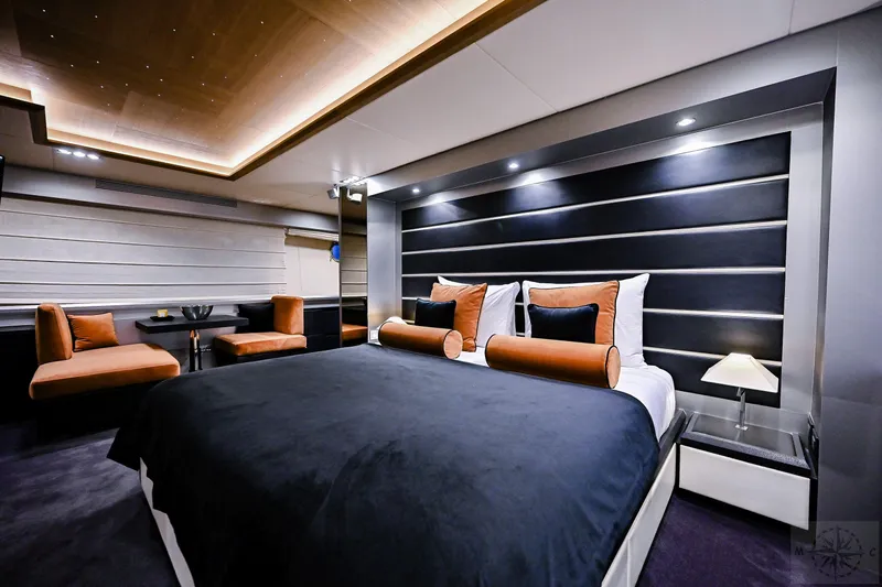  Yacht Photos Pics Luxurious bedroom interior of 2007 Azimut 98 Leonardo yacht with modern design elements.