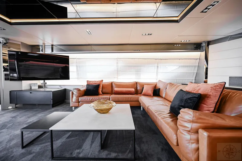  Yacht Photos Pics Luxurious interior of 2007 Azimut 98 Leonardo yacht with leather seating and modern decor.