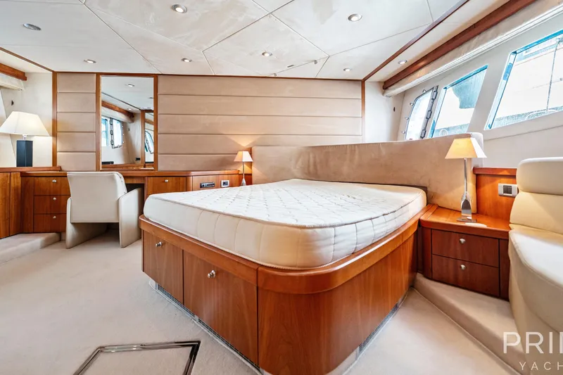  Yacht Photos Pics Luxurious bedroom interior of 2008 Sunseeker Manhattan 70 yacht with elegant wood finishes.