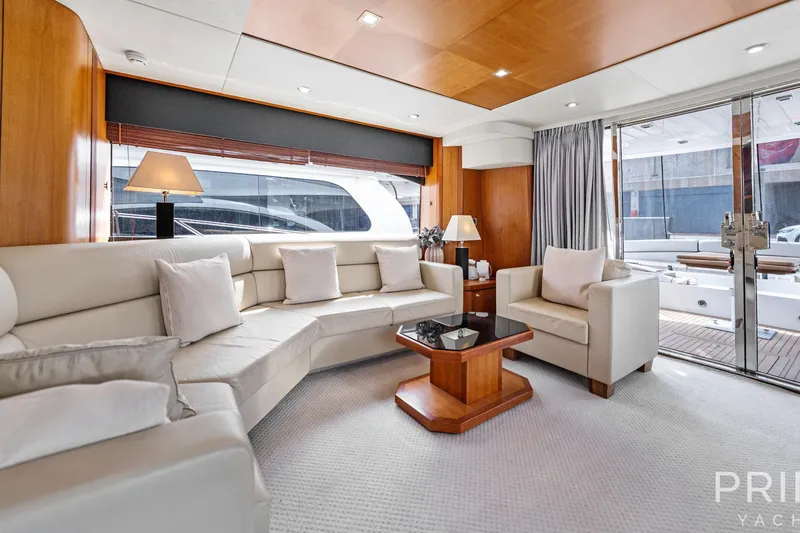  Yacht Photos Pics Luxurious interior of 2008 Sunseeker Manhattan 70 yacht with elegant seating and modern decor.