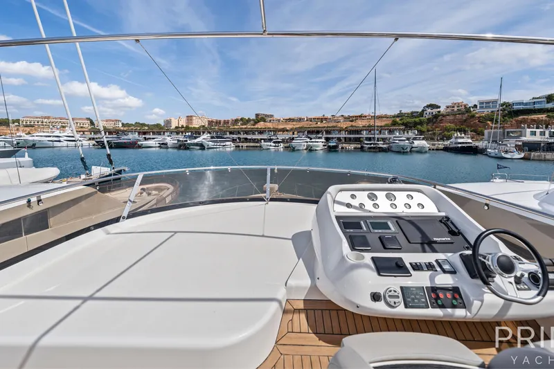  Yacht Photos Pics Flybridge view of 2008 Sunseeker Manhattan 70 yacht docked in a marina.