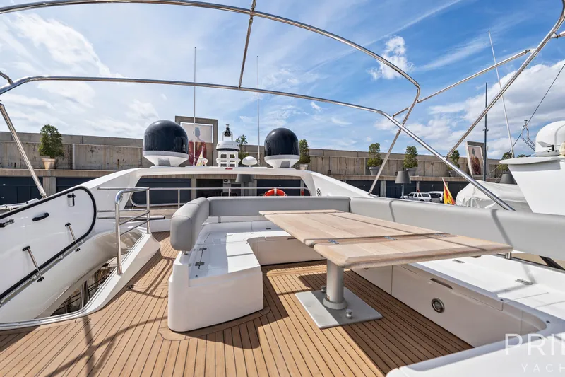  Yacht Photos Pics Luxurious 2008 Sunseeker Manhattan 70 yacht deck with seating and table under blue sky.