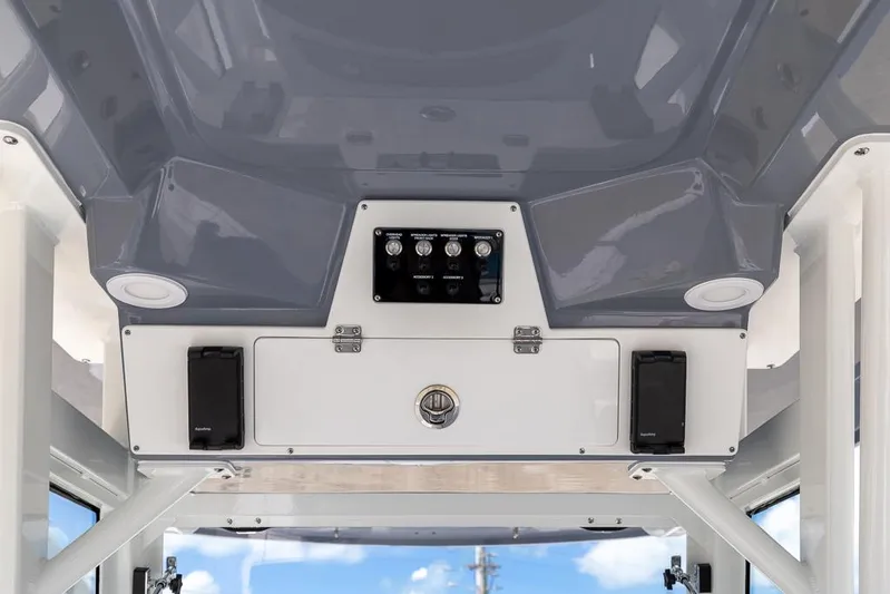  Yacht Photos Pics 2026 Sea Fox 288 Commander boat console with speakers and control panel.