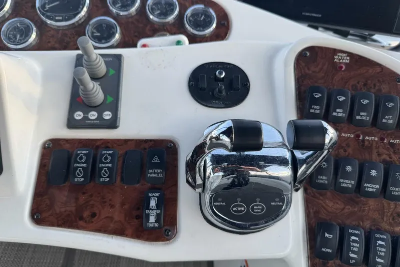 Done Building Yacht Photos Pics Control panel of a 2008 Meridian 459 Motoryacht with various switches and levers.