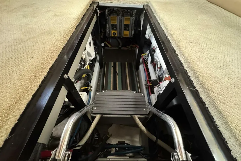 Done Building Yacht Photos Pics Engine room of 2008 Meridian 459 Motoryacht, showcasing mechanical components and wiring.