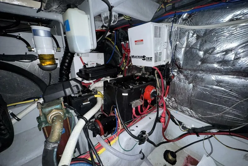 Done Building Yacht Photos Pics Engine room of 2008 Meridian 459 Motoryacht with electrical components and wiring.