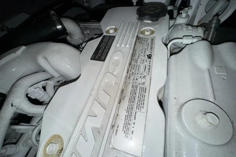 Done Building Yacht Photos Pics Engine compartment of 2008 Meridian 459 Motoryacht, featuring detailed components and labels.