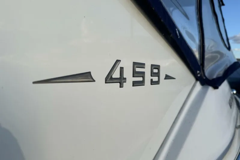 Done Building Yacht Photos Pics Close-up of 2008 Meridian 459 Motoryacht model number on hull.
