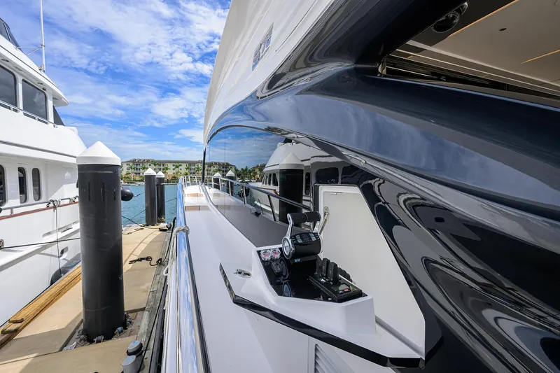 Yacht Photos Pics Luxury Princess S72 yacht docked at marina, 2026 model, under clear blue sky.