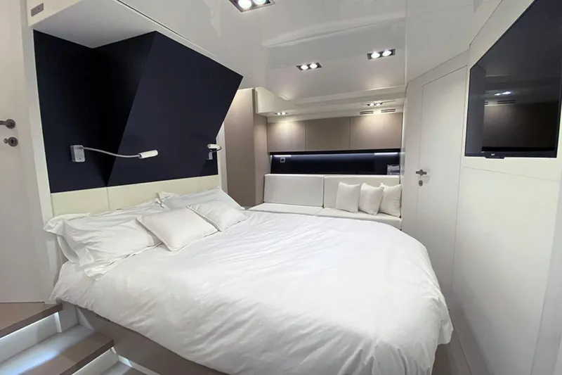  Yacht Photos Pics Luxurious interior of 2013 Wally 55 yacht with modern bedroom design.