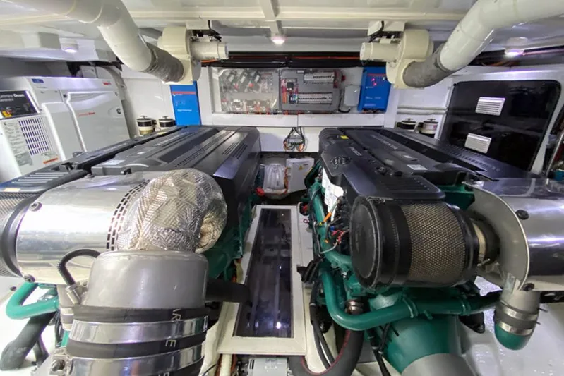  Yacht Photos Pics Engine room of a 2013 Wally 55 yacht, featuring dual engines and mechanical components.
