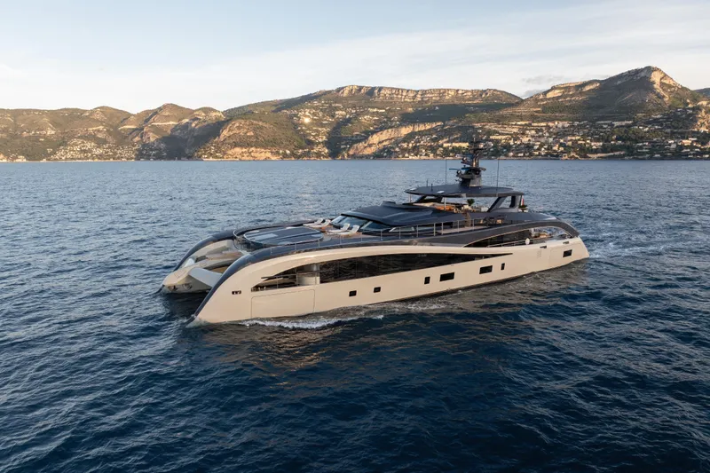 Seawolf X Yacht Photos Pics Luxury Rossinavi SEACAT 40 yacht cruising near scenic coastline, 2024 model.