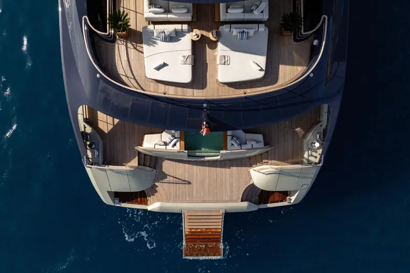 Seawolf X Yacht Photos Pics Aerial view of luxurious 2024 Rossinavi SEACAT 40 yacht with elegant deck design.