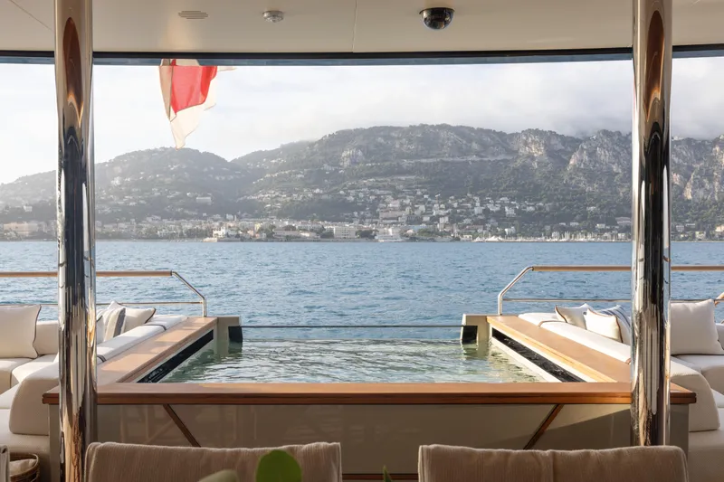 Seawolf X Yacht Photos Pics Luxurious Rossinavi SEACAT 40 yacht with pool, scenic ocean and mountain view, 2024 model.