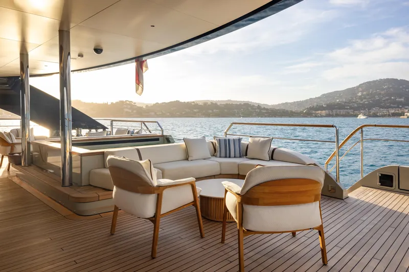 Seawolf X Yacht Photos Pics Luxurious 2024 Rossinavi SEACAT 40 yacht deck with elegant seating and scenic ocean view.
