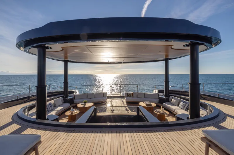 Seawolf X Yacht Photos Pics Luxurious 2024 Rossinavi SEACAT 40 yacht deck with ocean view at sunset.