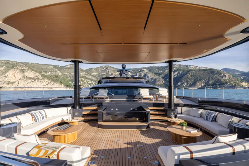 Seawolf X Yacht Photos Pics Luxurious 2024 Rossinavi SEACAT 40 yacht deck with elegant seating and scenic ocean view.