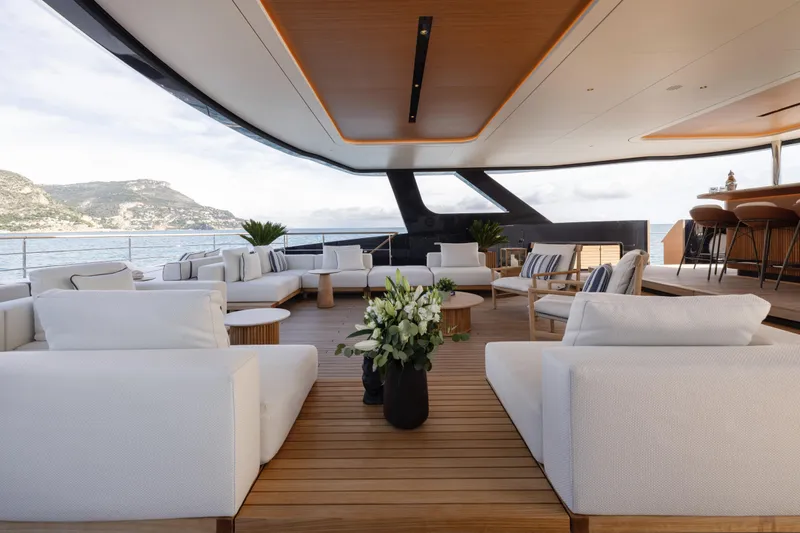 Seawolf X Yacht Photos Pics Luxurious 2024 Rossinavi SEACAT 40 yacht deck with elegant seating and ocean view.