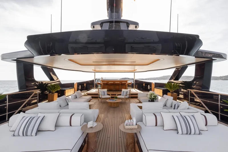 Seawolf X Yacht Photos Pics Luxurious deck of 2024 Rossinavi SEACAT 40 yacht with elegant seating and ocean view.