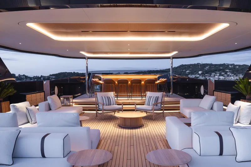 Seawolf X Yacht Photos Pics Luxurious 2024 Rossinavi SEACAT 40 yacht deck with elegant seating and ambient lighting.