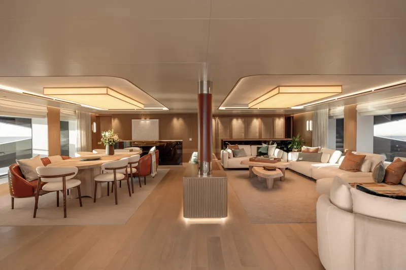 Seawolf X Yacht Photos Pics Luxurious interior of 2024 Rossinavi SEACAT 40 yacht with elegant dining and seating areas.