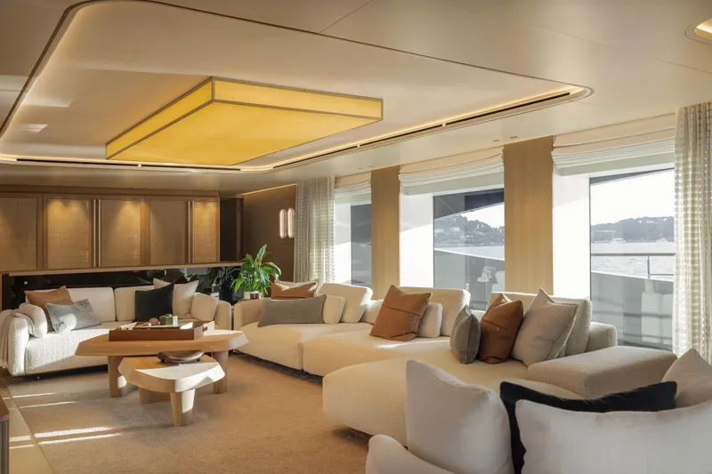 Seawolf X Yacht Photos Pics Luxurious interior of 2024 Rossinavi SEACAT 40 yacht with elegant seating and large windows.