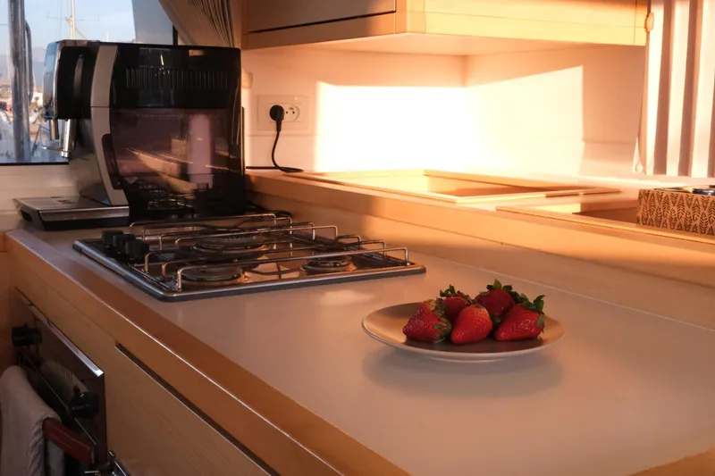 Pasha Yacht Photos Pics Modern kitchen interior of 2012 Lagoon 450F yacht with strawberries on counter.