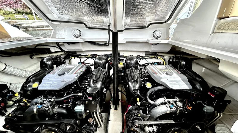  Yacht Photos Pics 2014 Cruisers Sport Series 328 Bow Rider engine compartment with dual engines.