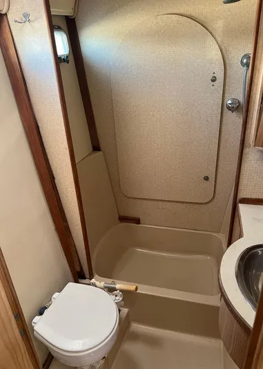  Yacht Photos Pics 1998 Island Packet Cat 35 bathroom with shower, toilet, and sink.