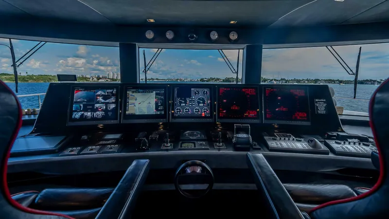 Neverland Yacht Photos Pics Control room of 2016 Mangusta Oceano 42 yacht with advanced navigation systems.