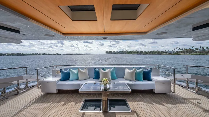 Neverland Yacht Photos Pics Luxurious 2016 Mangusta Oceano 42 yacht deck with elegant seating and ocean view.