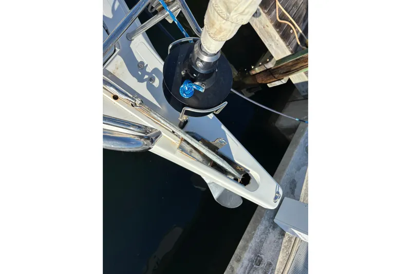 Eclipse Yacht Photos Pics Jeanneau Sun Odyssey 389 sailboat bow detail, docked, 2018 model.