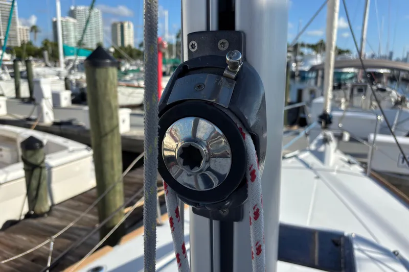 Eclipse Yacht Photos Pics Close-up of Jeanneau Sun Odyssey 389 sailboat rigging, docked at a marina, 2018 model.