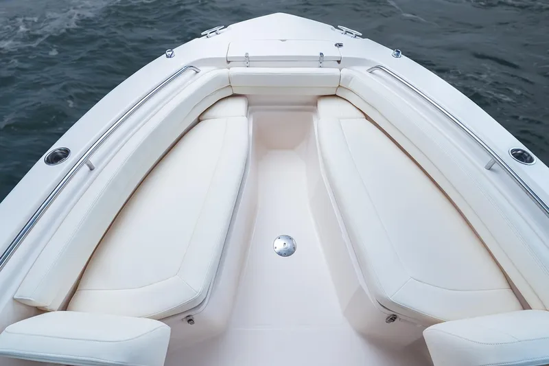  Yacht Photos Pics Manufacturer Provided Image: 2023 Grady-White Fisherman 257 bow seating area with white cushions.