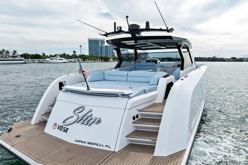 Shir Yacht Photos Pics 2024 Vanquish VQ58 luxury yacht cruising near Miami Beach, FL.