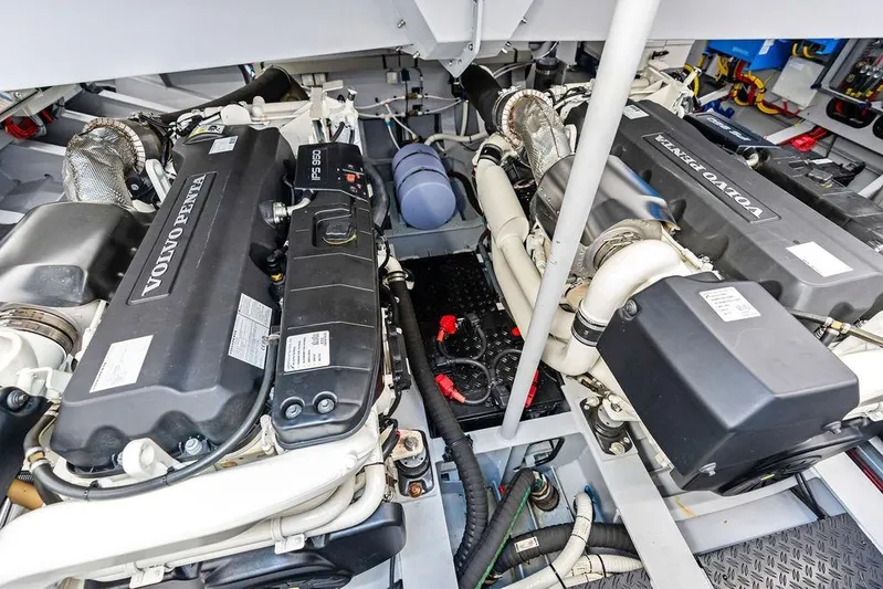 Shir Yacht Photos Pics Engine room of 2024 Vanquish VQ58 with dual Volvo Penta engines.