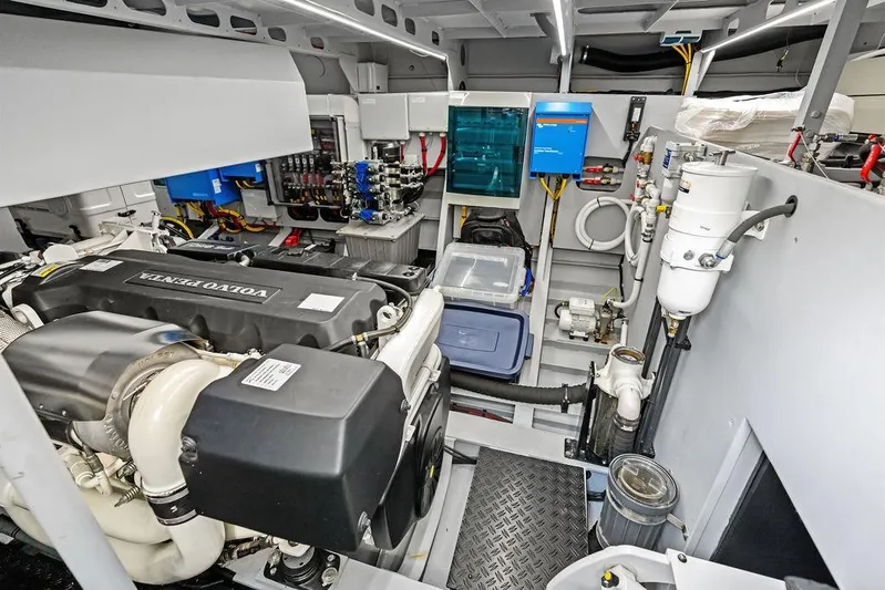 Shir Yacht Photos Pics Engine room of 2024 Vanquish VQ58 yacht with Volvo Penta engine and advanced systems.