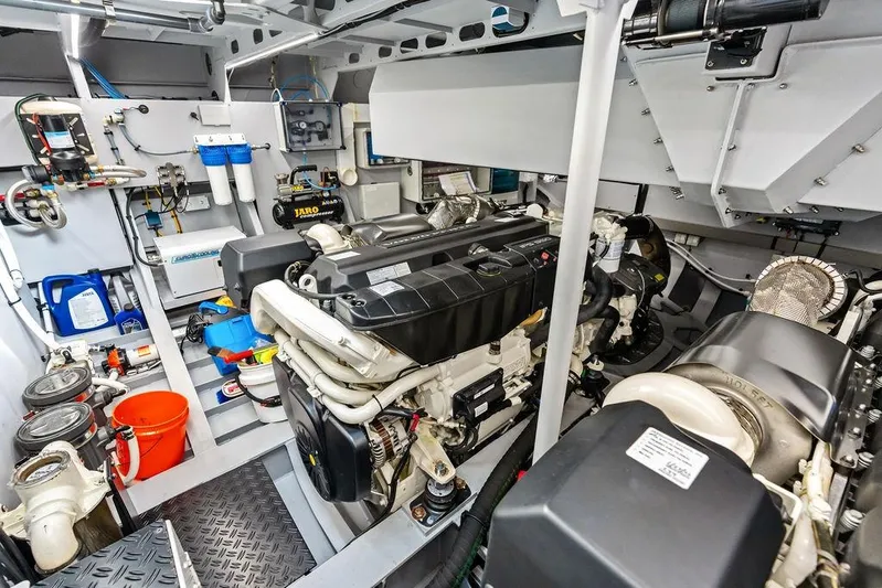 Shir Yacht Photos Pics Engine room of 2024 Vanquish VQ58 yacht, showcasing advanced machinery and equipment.