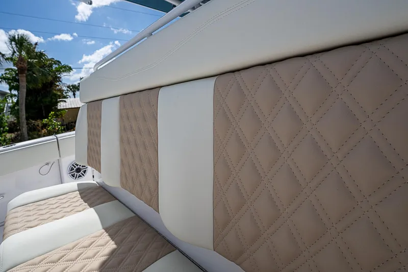  Yacht Photos Pics Luxurious seating on 2025 Invincible 38 Catamaran with diamond-stitched upholstery.
