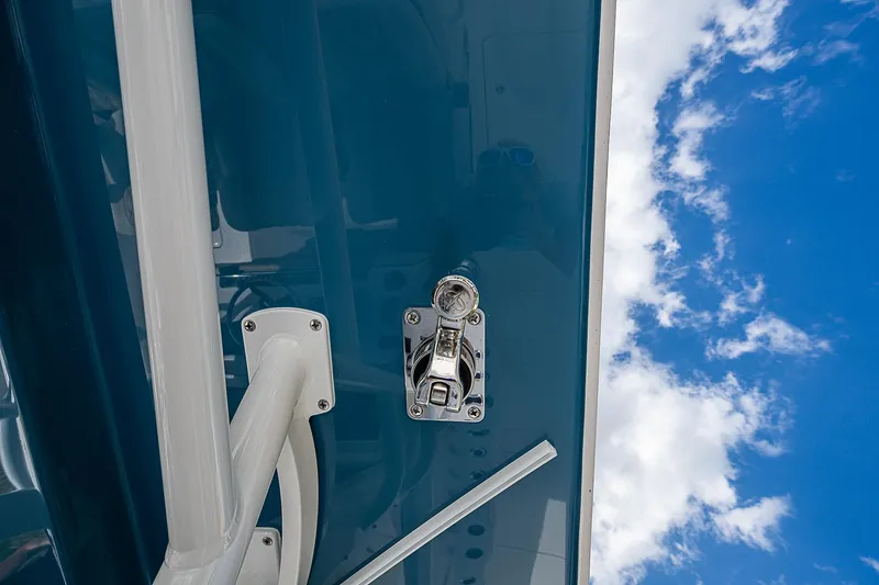  Yacht Photos Pics Invincible 38 Catamaran 2025, close-up of hardware against blue sky.