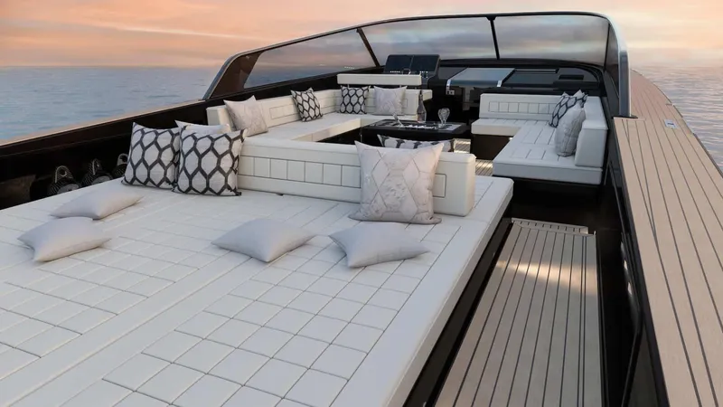  Yacht Photos Pics Luxurious 2025 VanDutch 56 yacht interior with elegant seating and cushions at sunset.