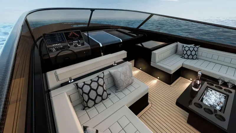 Yacht Photos Pics Luxurious 2025 VanDutch 56 yacht interior with elegant seating and ocean view.