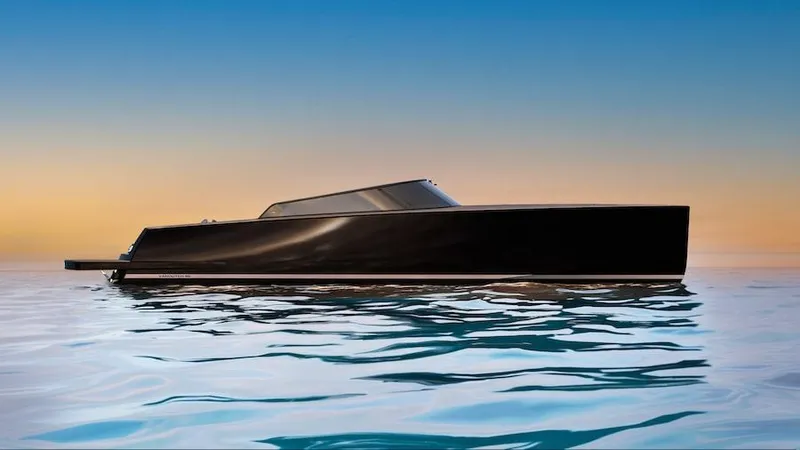  Yacht Photos Pics 2025 VanDutch 56 yacht on calm water at sunset, showcasing sleek design.