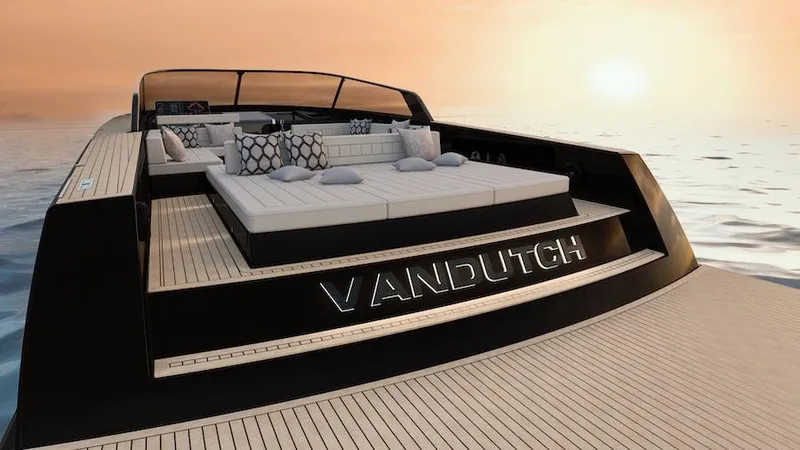  Yacht Photos Pics VanDutch 56 yacht, 2025 model, luxurious deck at sunset on the ocean.