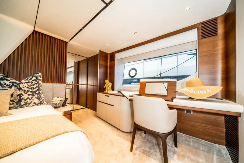 Record Year Yacht Photos Pics Luxurious interior of 2021 Princess Y85 Motor Yacht with elegant wood finishes and modern decor.