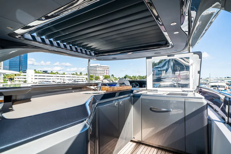 Record Year Yacht Photos Pics Luxurious 2021 Princess Y85 Motor Yacht outdoor kitchen with sleek design and modern amenities.
