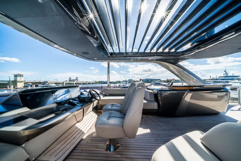 Record Year Yacht Photos Pics Luxurious 2021 Princess Y85 Motor Yacht helm with sleek design and modern controls.