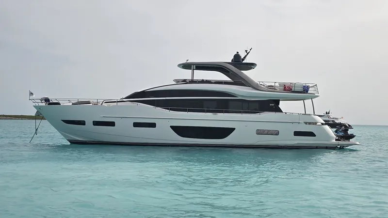 Record Year Yacht Photos Pics 2021 Princess Y85 Motor Yacht on calm turquoise waters.