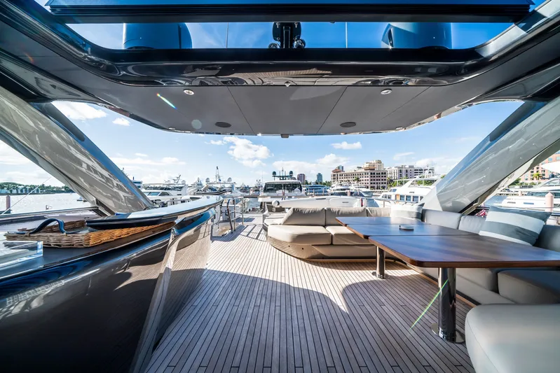 Record Year Yacht Photos Pics Luxurious 2021 Princess Y85 Motor Yacht deck with elegant seating and waterfront view.