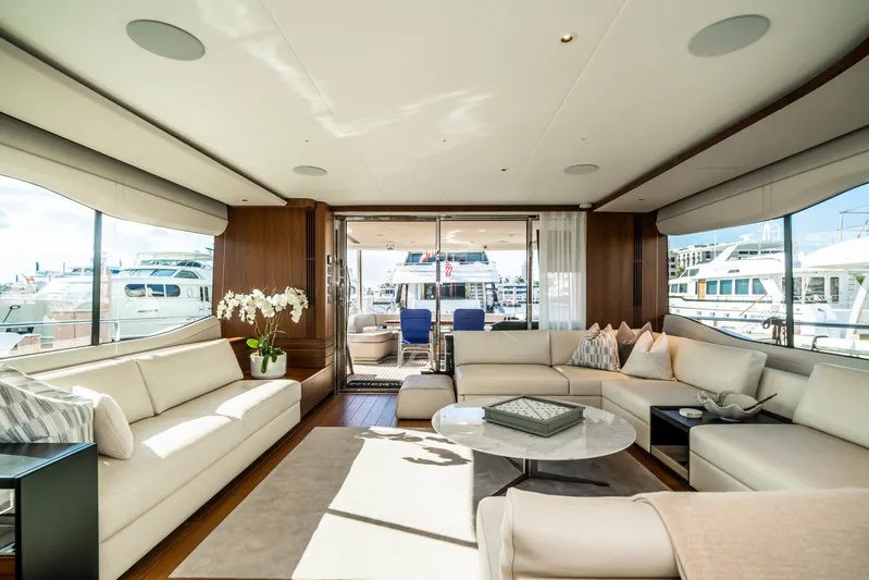 Record Year Yacht Photos Pics Luxurious interior of 2021 Princess Y85 Motor Yacht with elegant seating and modern decor.